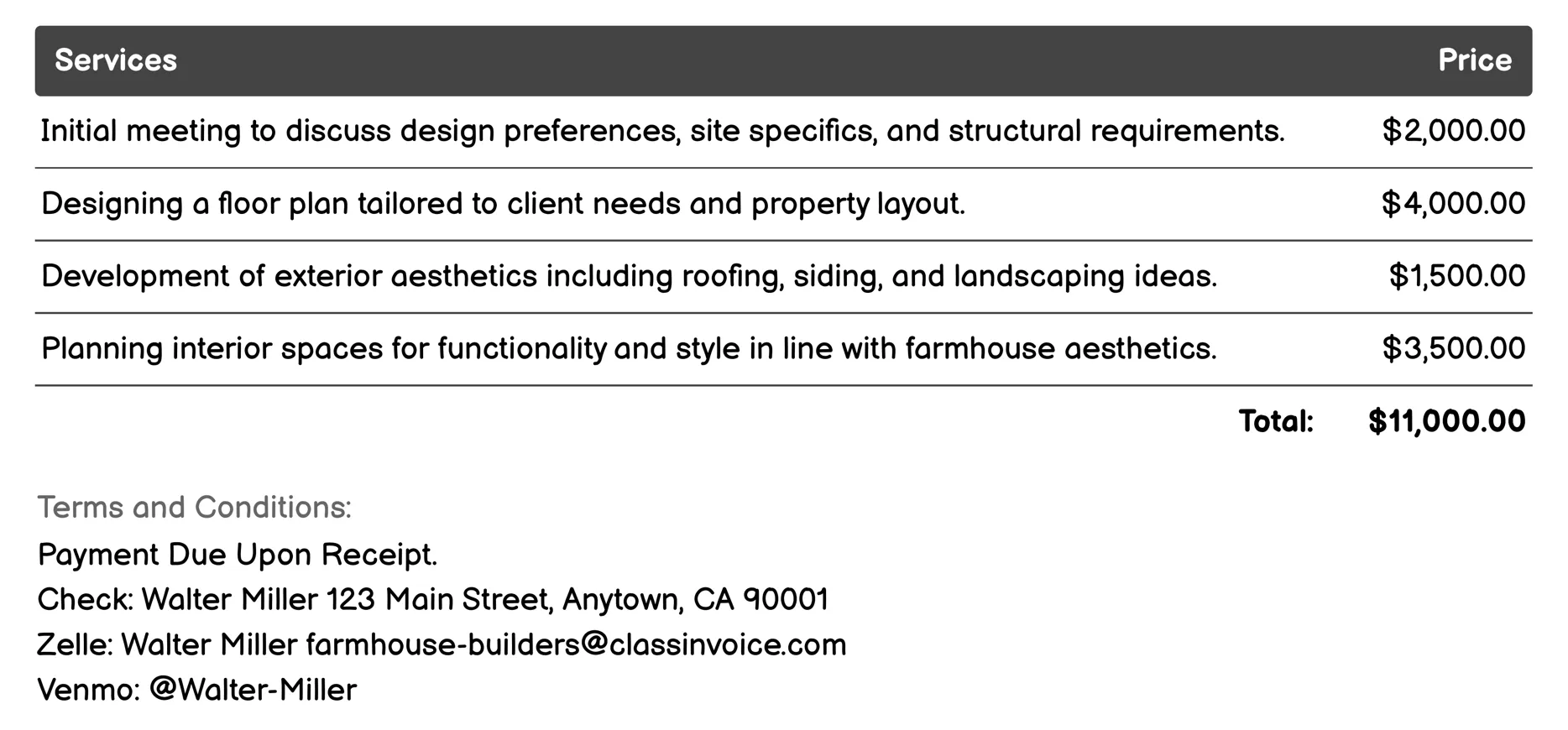 Custom Design and Planning Invoice Example