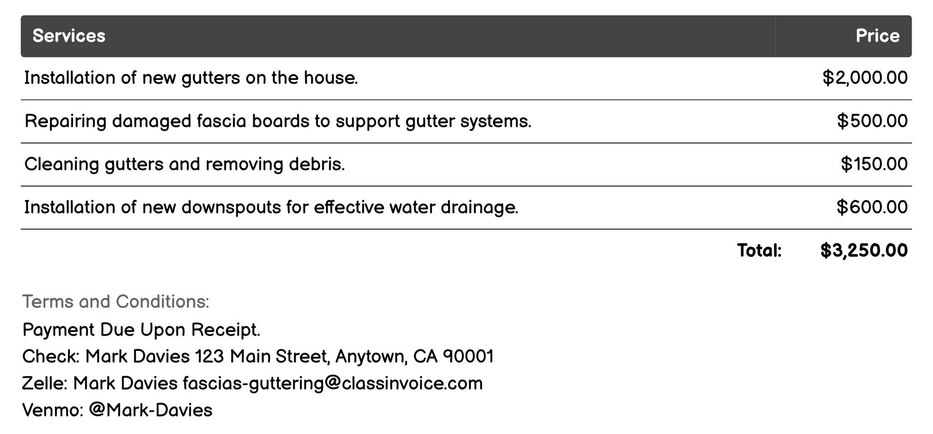 Gutter Installation Invoice Example