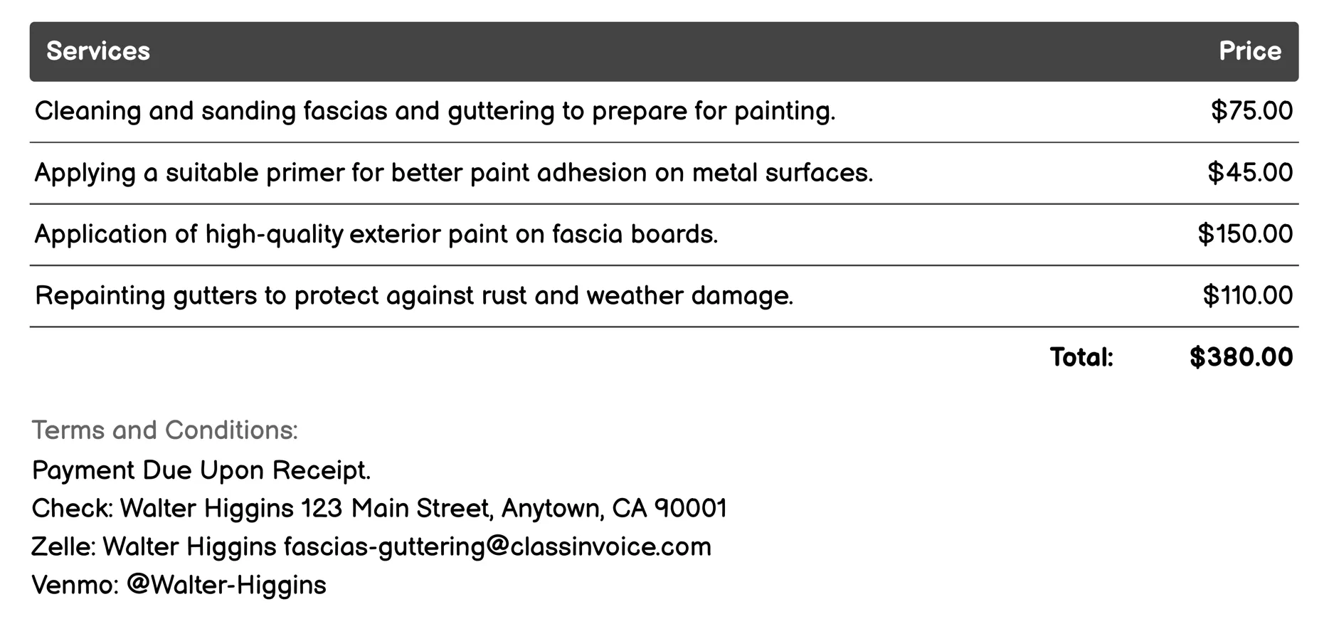 Painting and Repainting Invoice Example