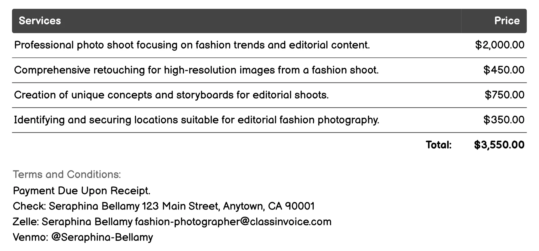Editorial Photography Invoice Example