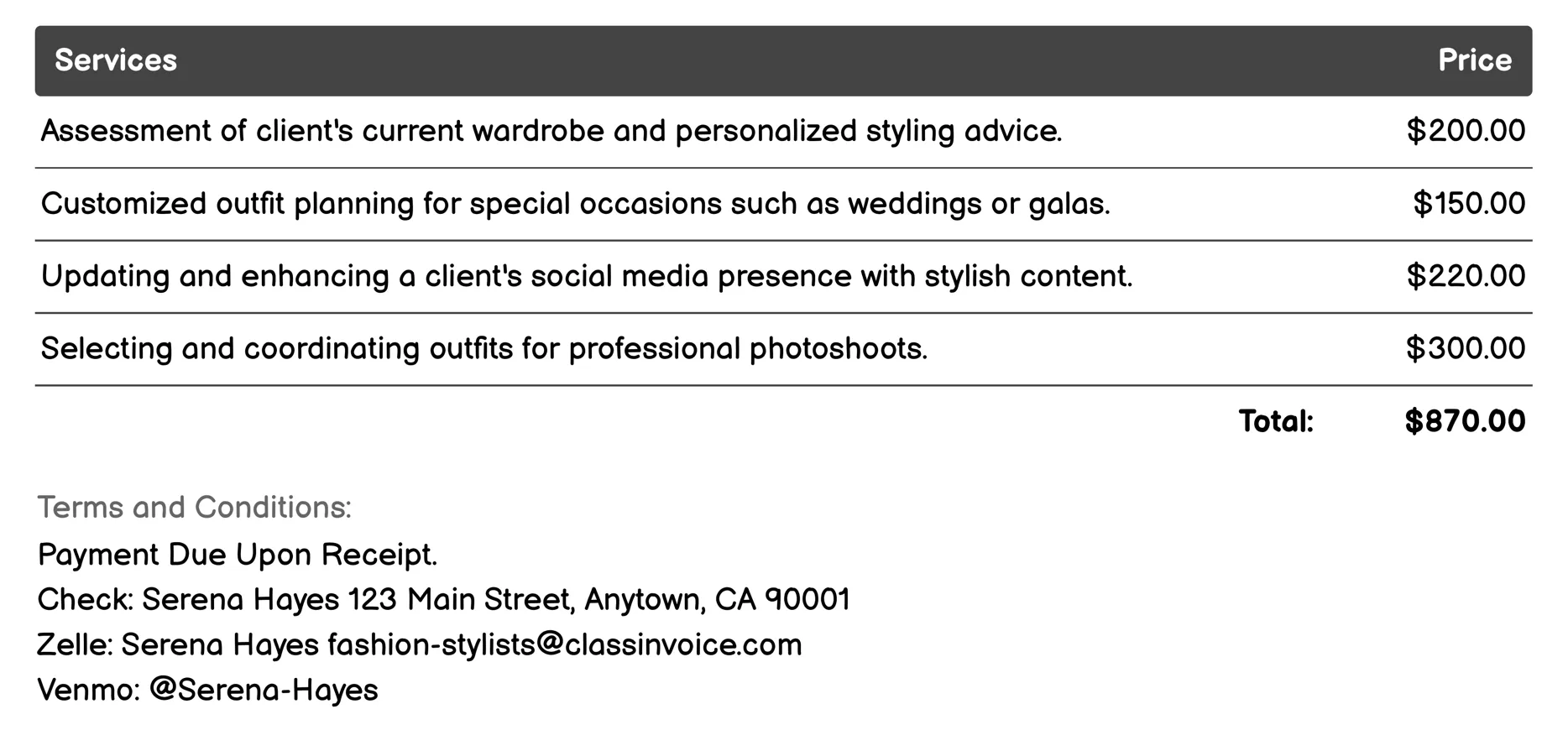 Brand Consultant Stylist Invoice Example