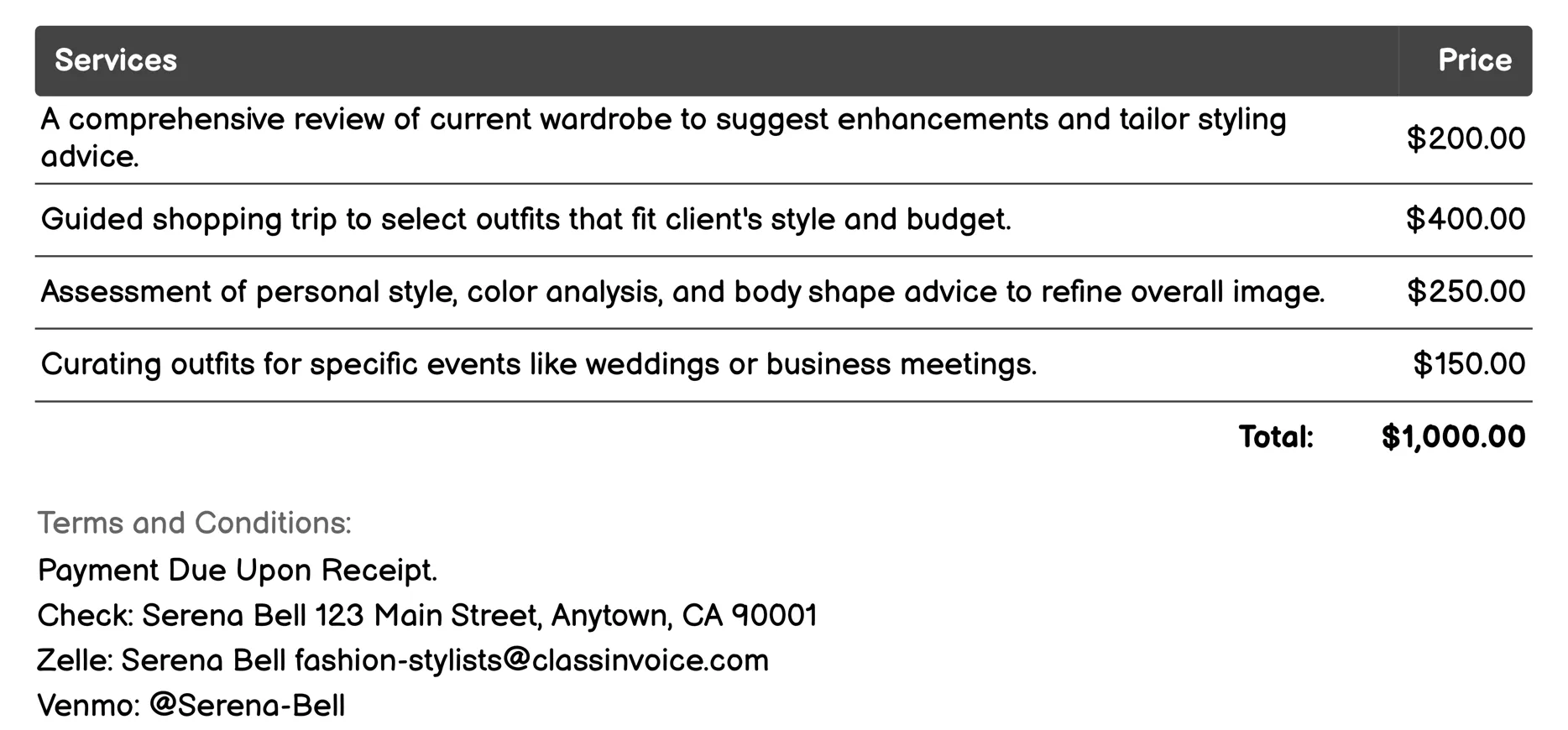 Personal Stylist Invoice Example