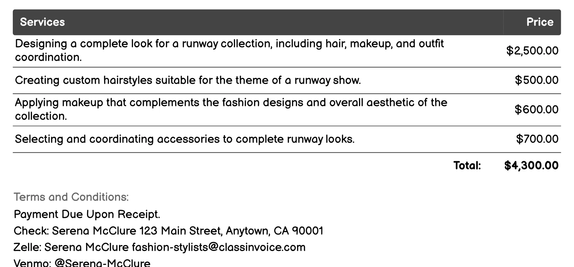 Runway Stylist Invoice Example
