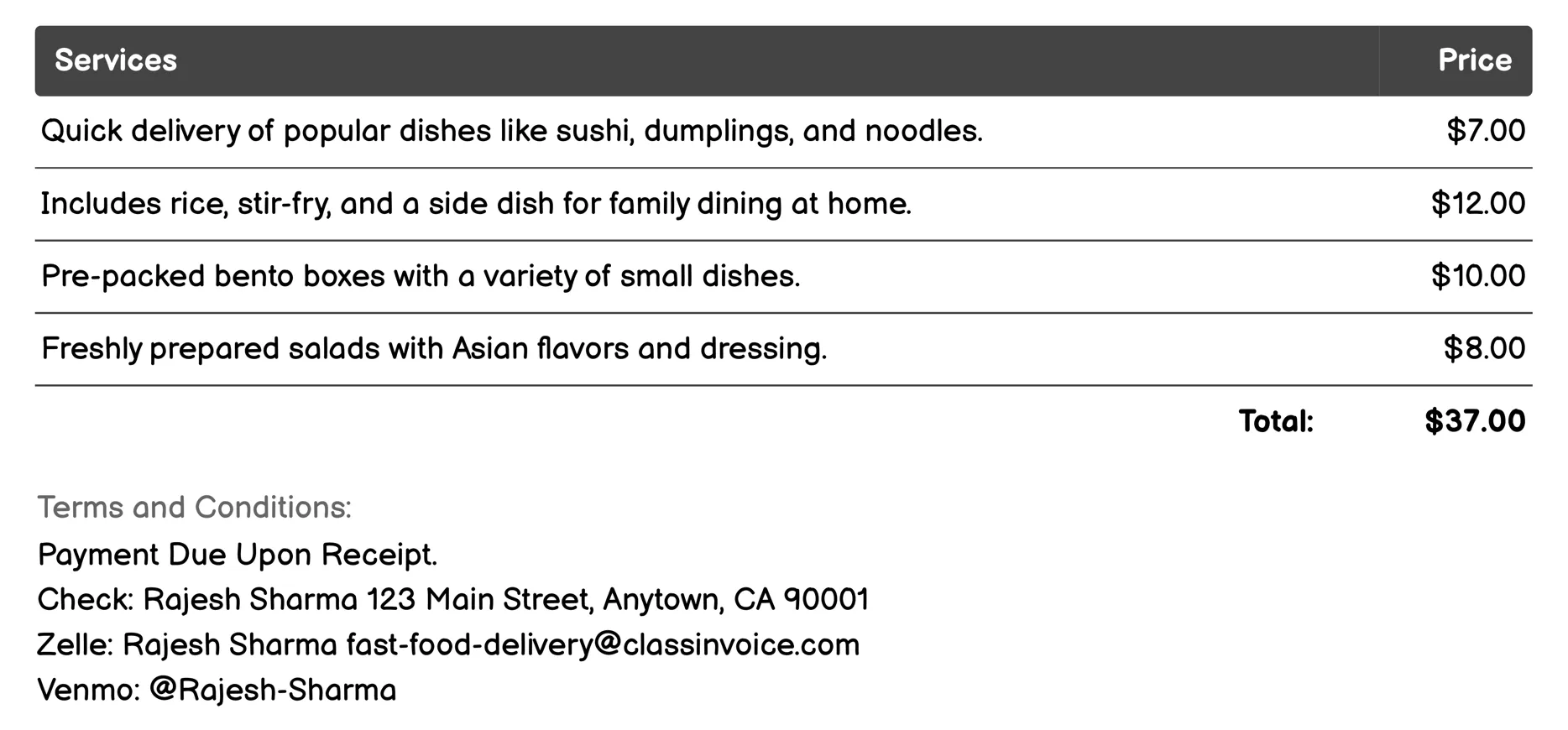 Asian Cuisine Delivery Invoice Example