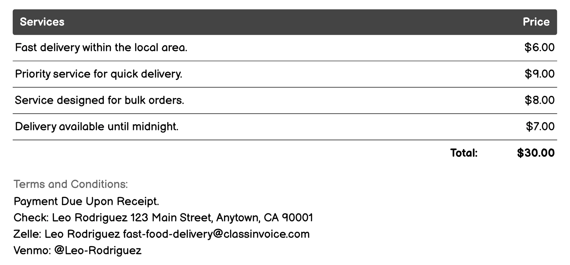 Global Street Food Delivery Invoice Example
