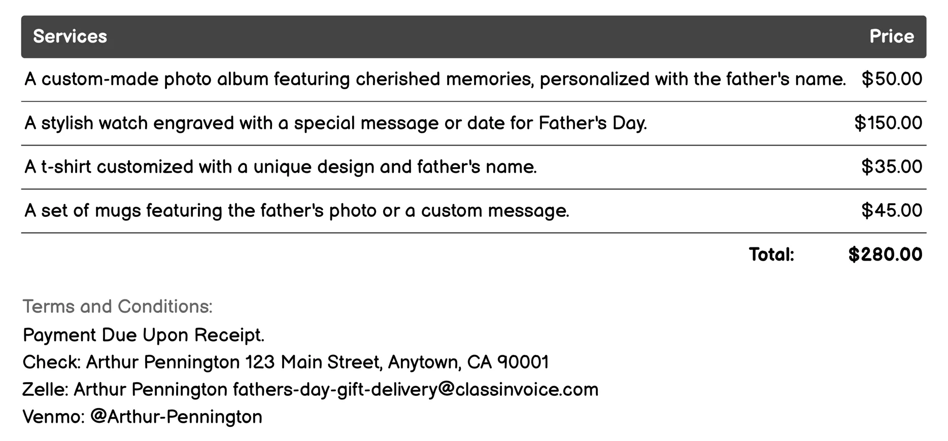 Personalized Gifts Invoice Example