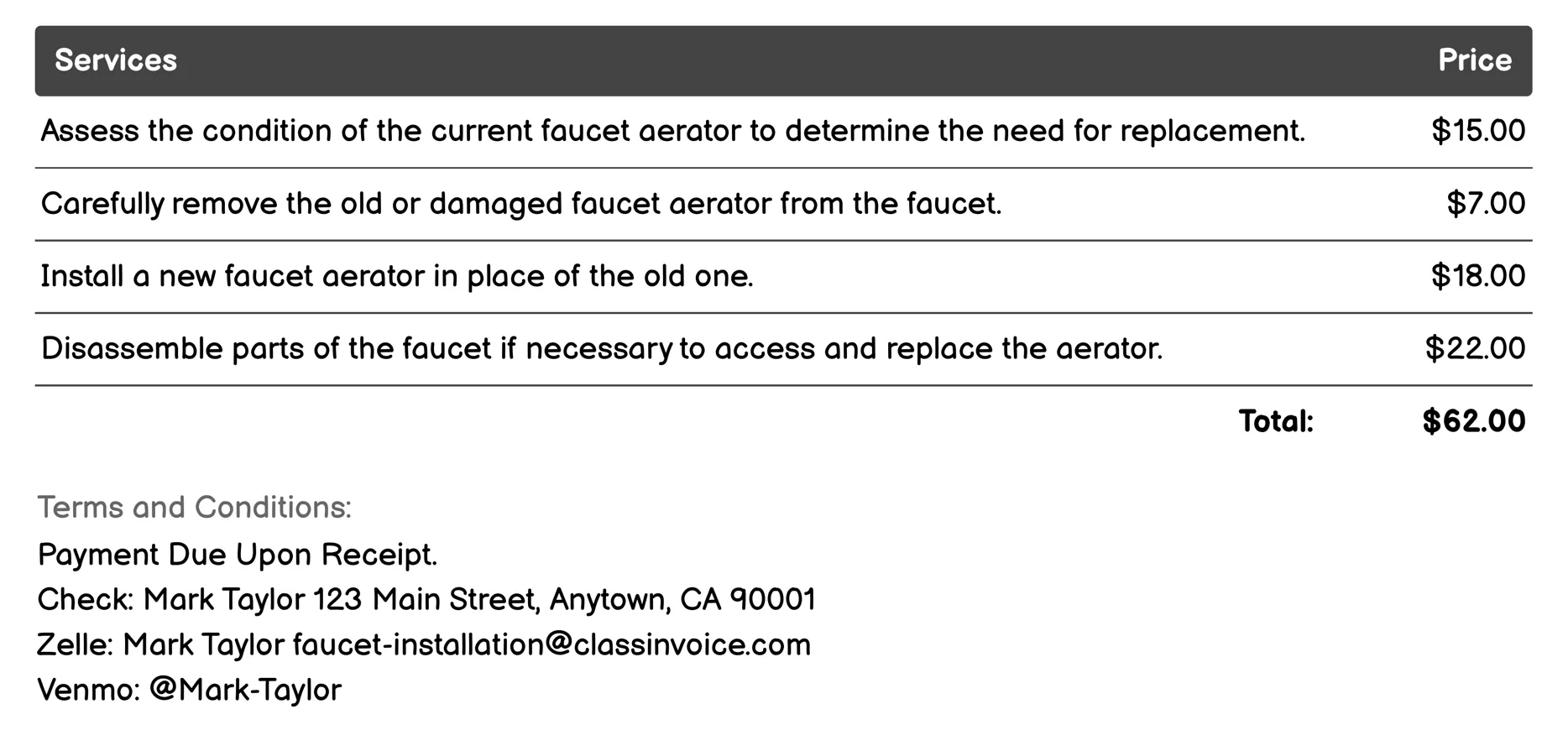 Faucet Aerator Replacement Invoice Example