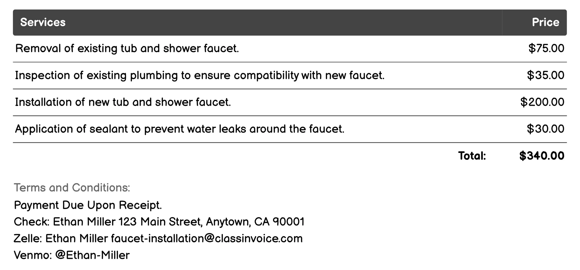 Tub and Shower Faucet Installation Invoice Example