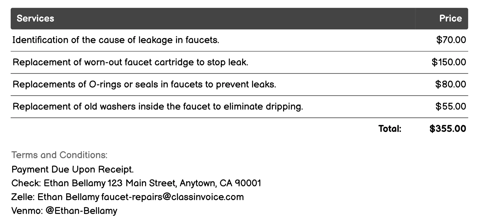 Leaky Faucet Repair Invoice Example