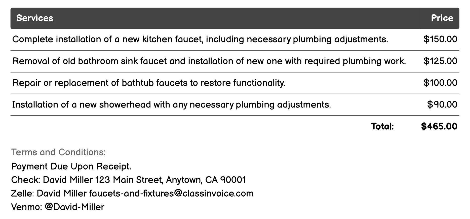 Fixture Installation Invoice Example