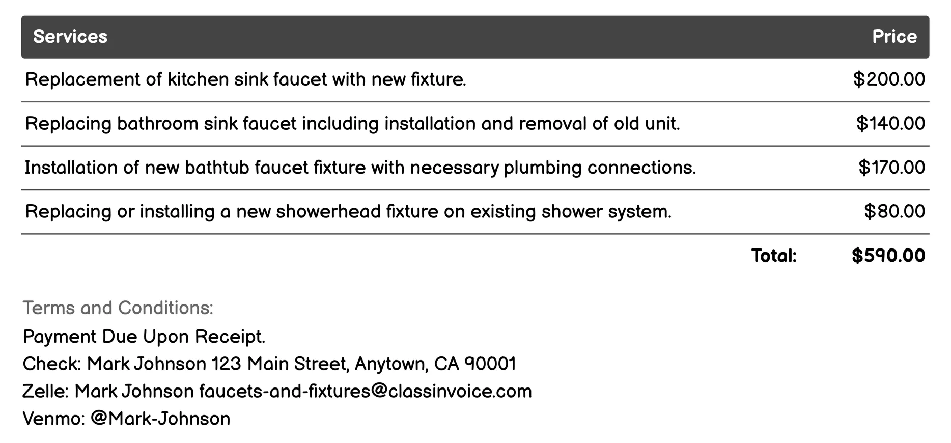 Fixture Replacement Invoice Example