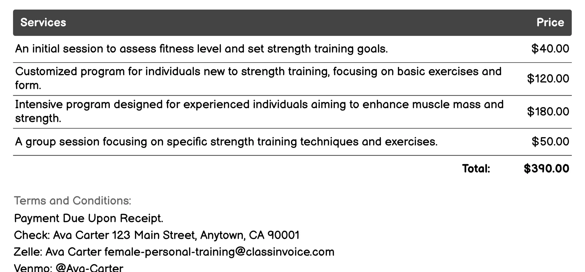Strength Training Invoice Example
