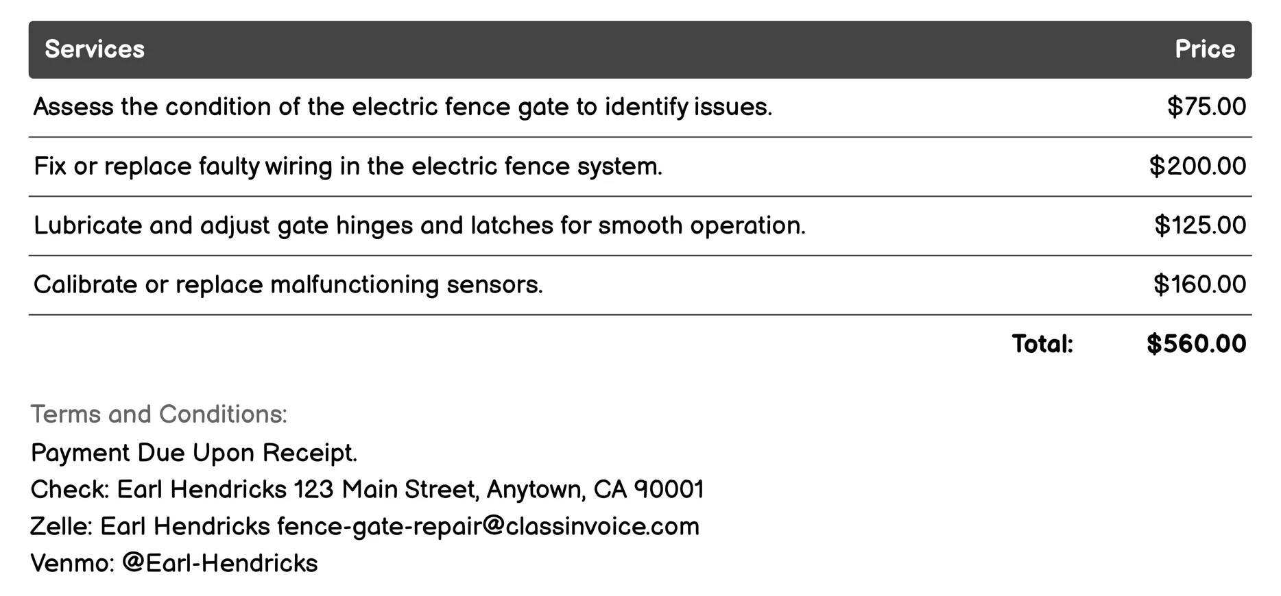 Electric Fence Gate Repair Invoice Example