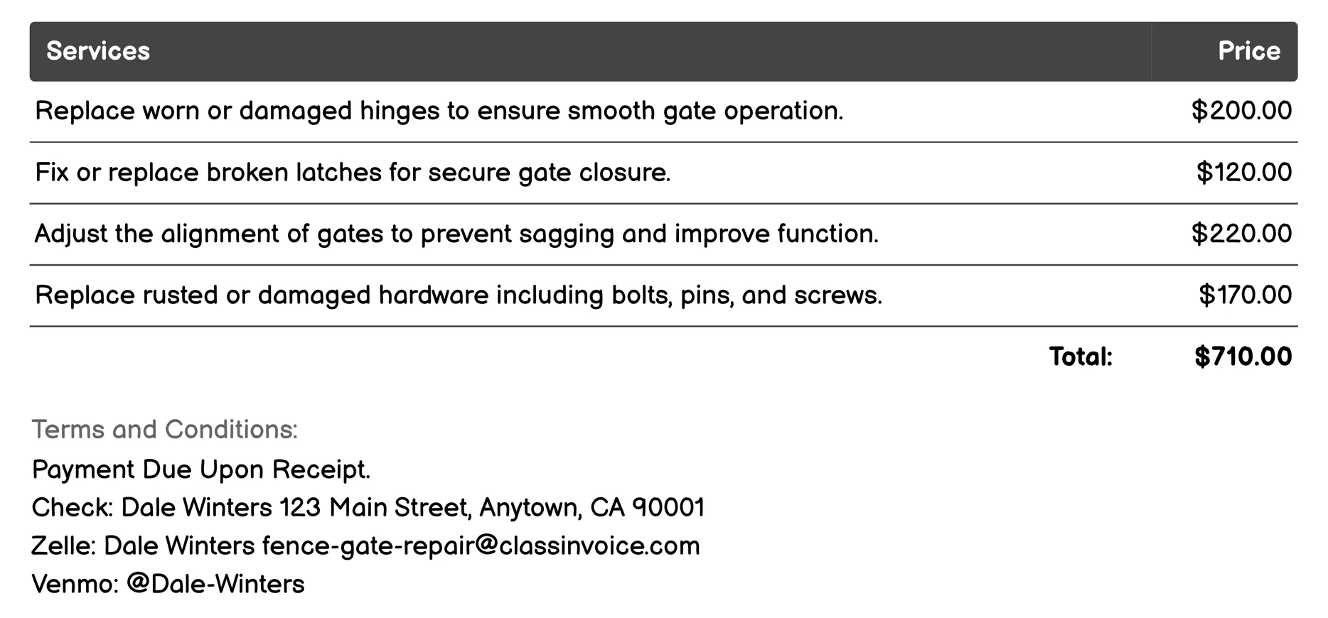 Farm Gate Repair Invoice Example