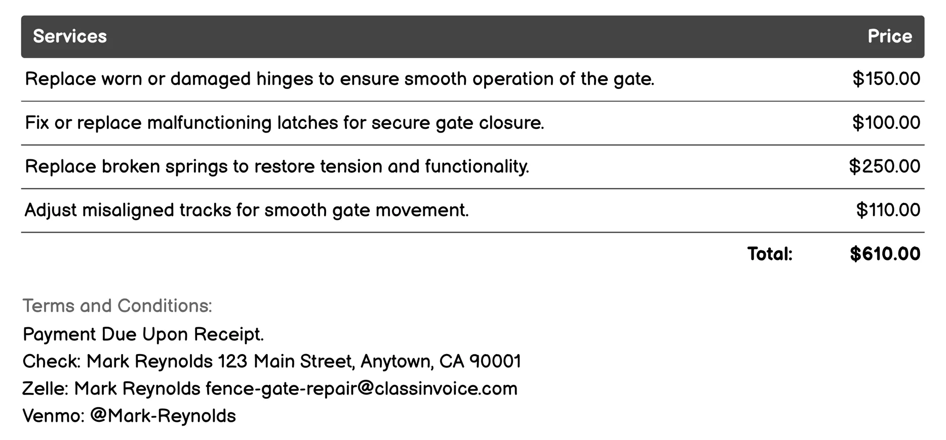 Security Gate Repair Invoice Example