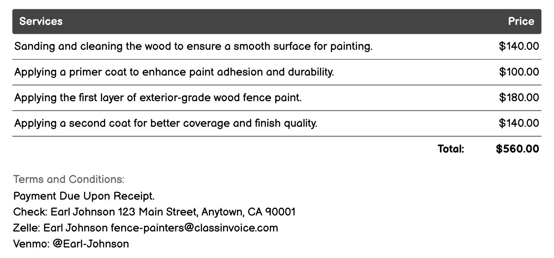 Wood Fence Painting Invoice Example