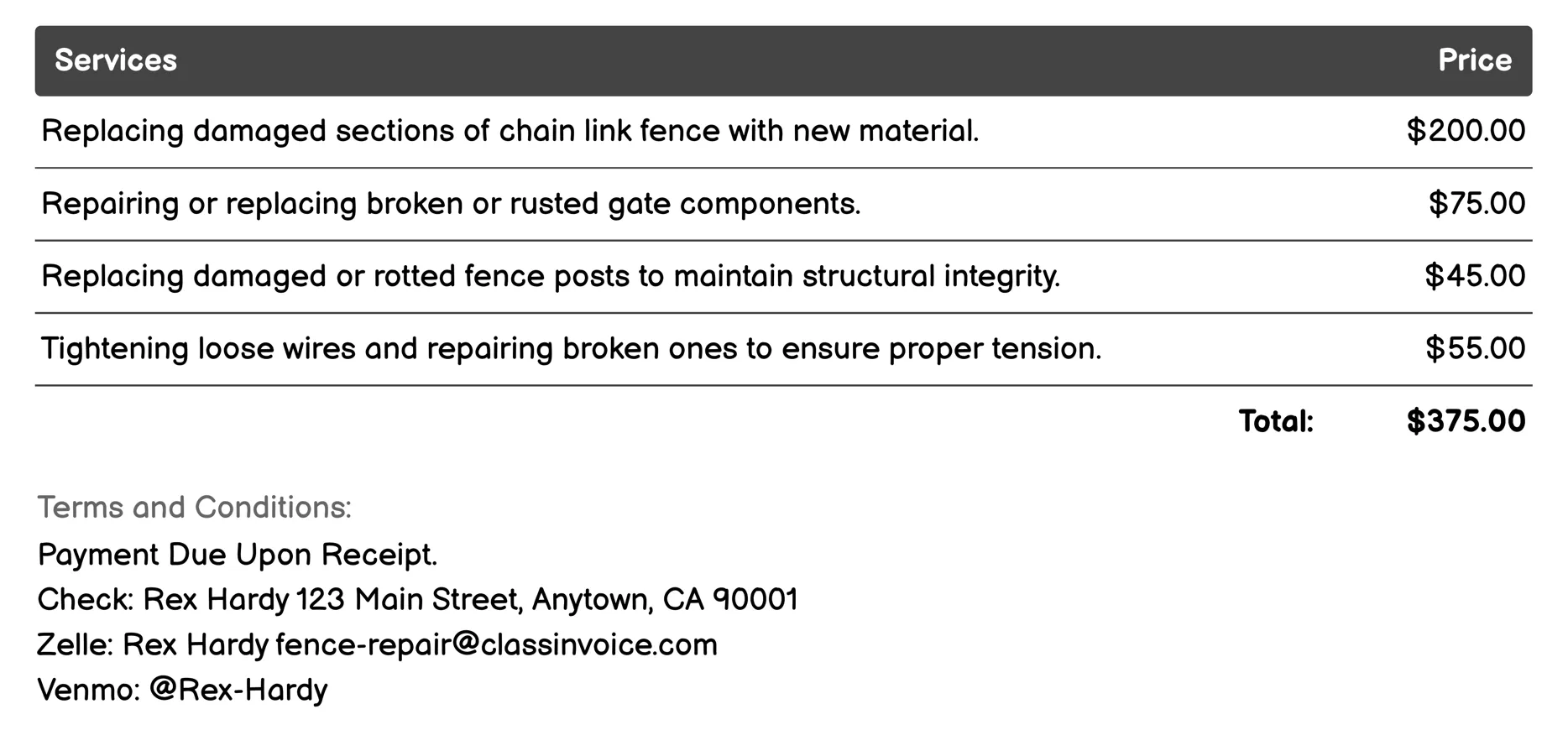 Chain Link Fence Repair Invoice Example