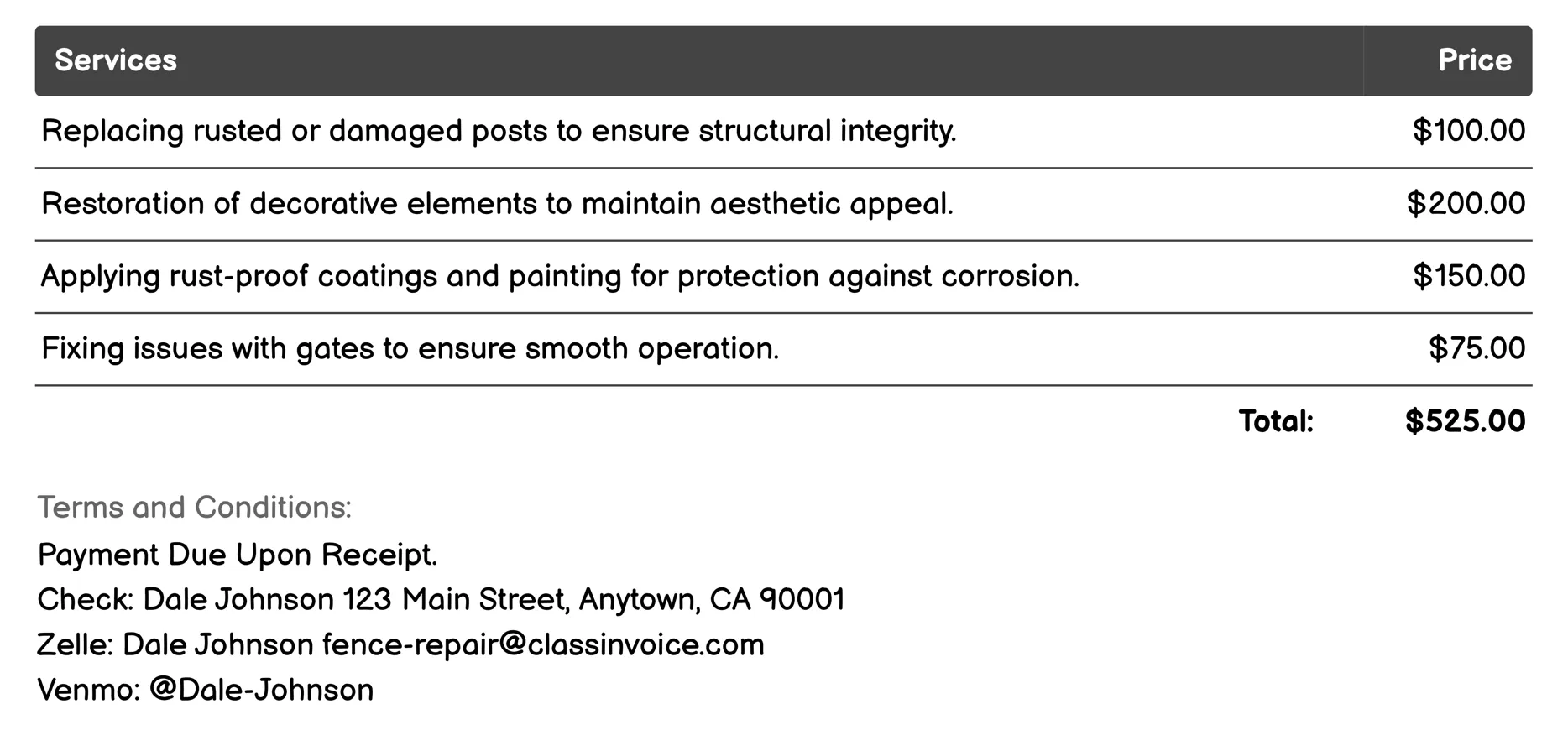 Iron/Ornamental Fence Repair Invoice Example
