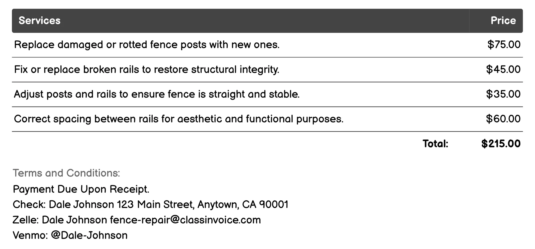 Post and Rail Fence Repair Invoice Example