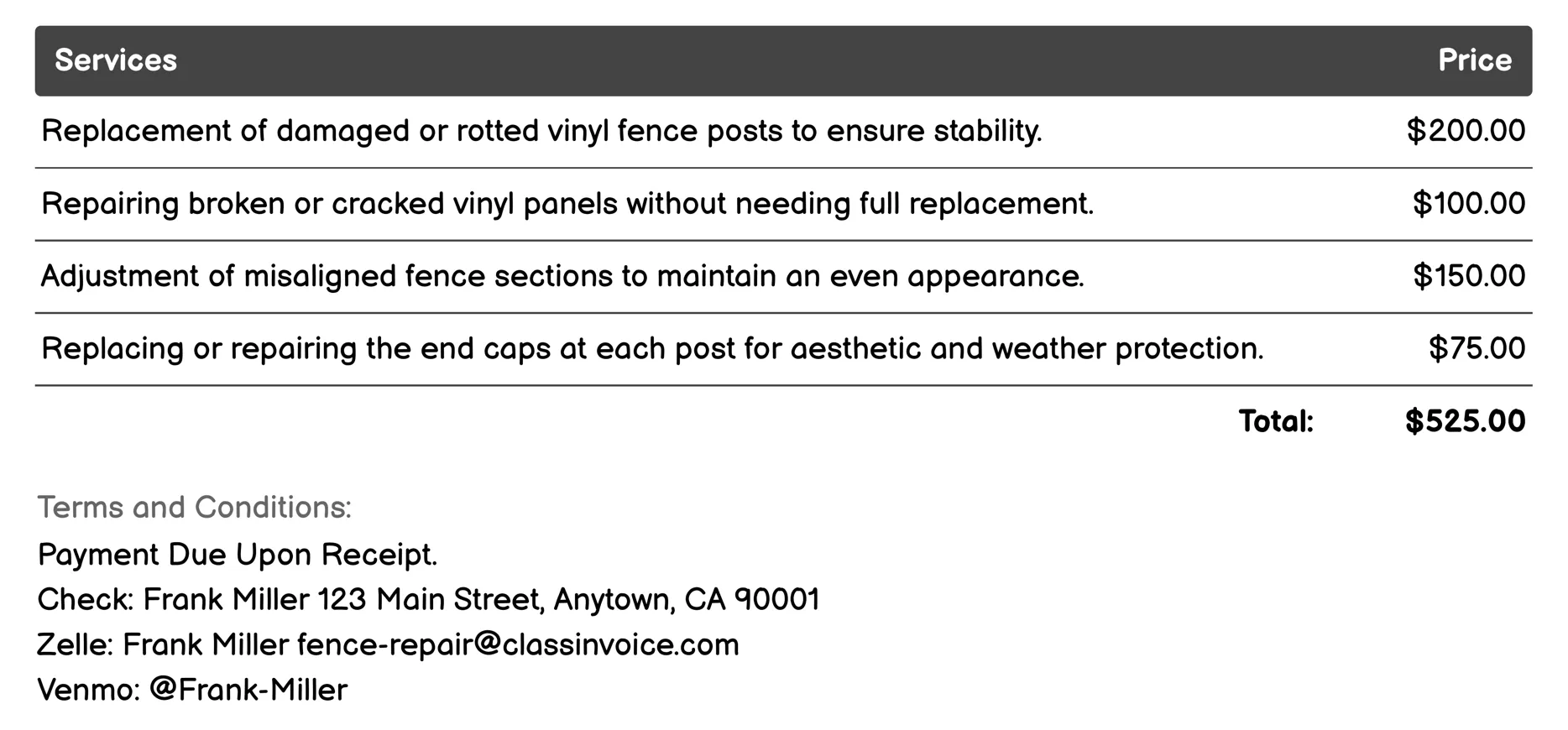 Vinyl Fence Repair Invoice Example