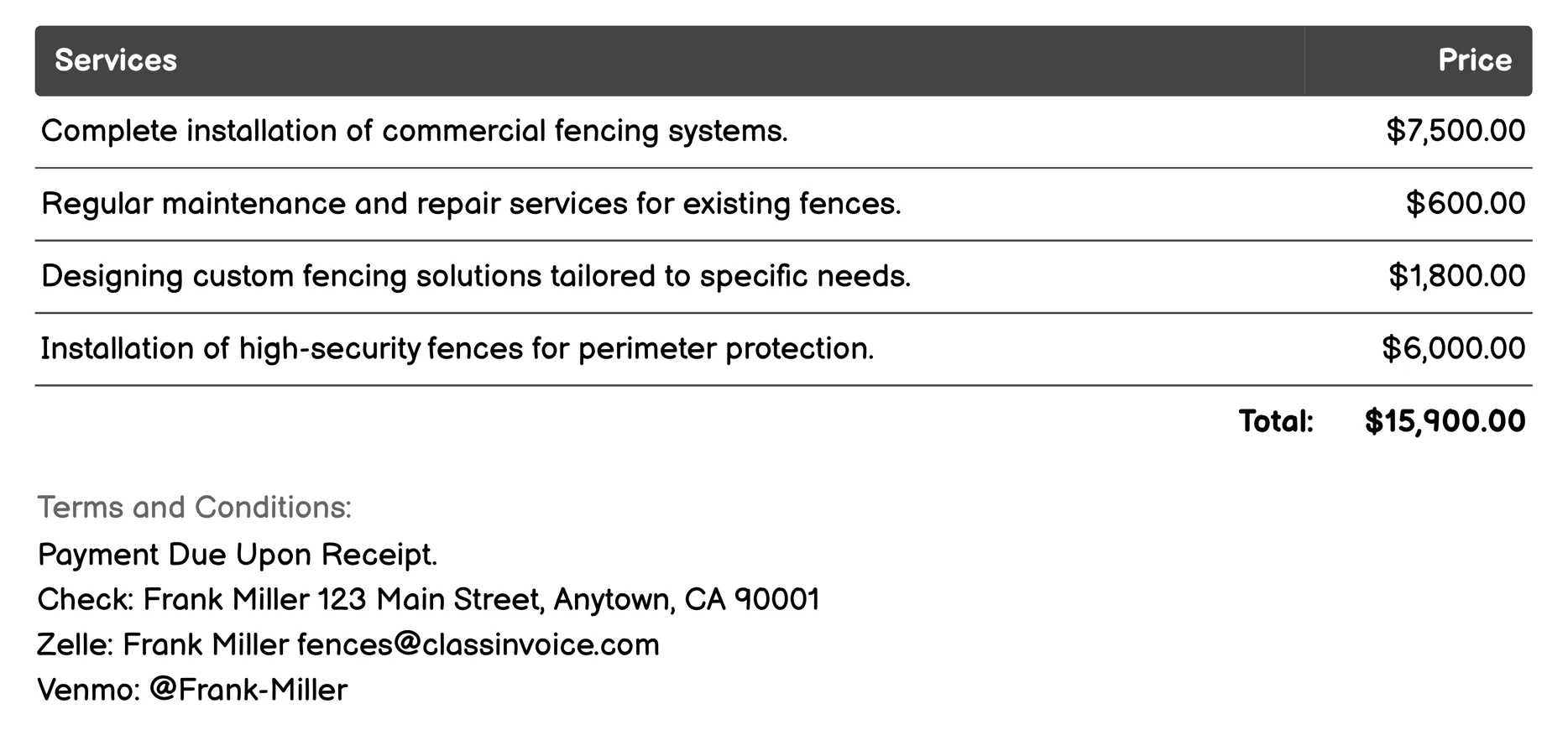 Commercial Fencing Invoice Example