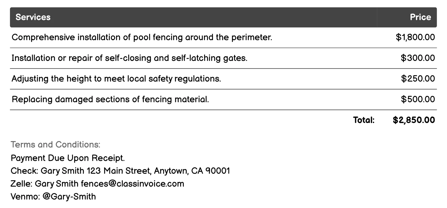 Pool Fencing Invoice Example