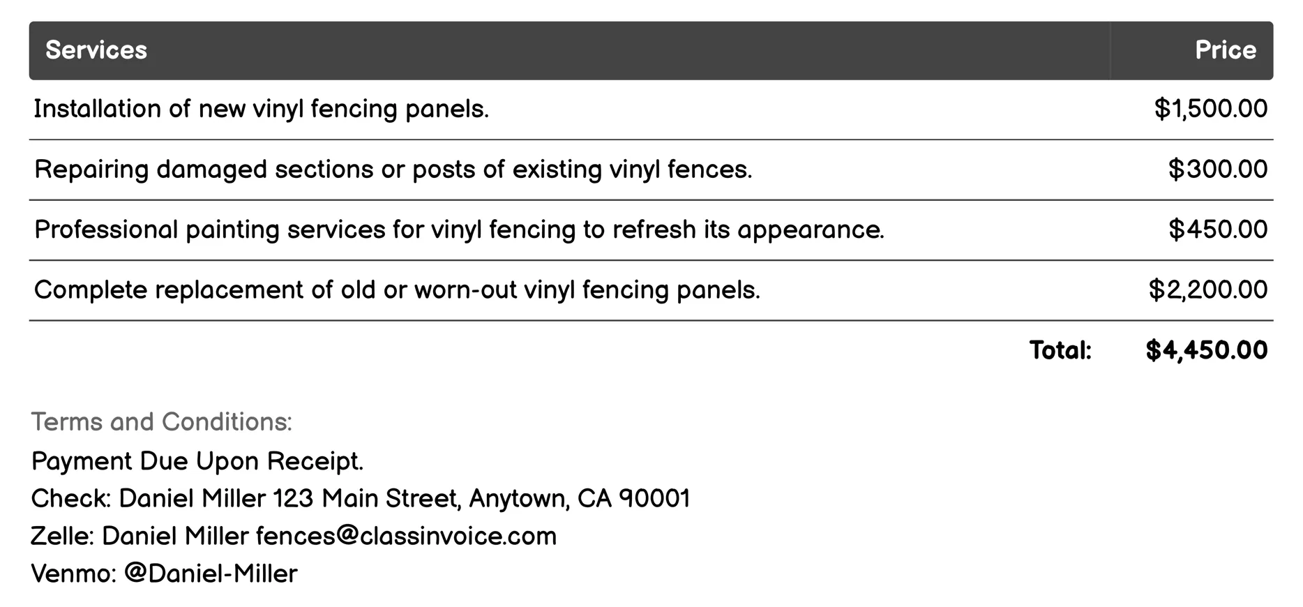 Vinyl Fencing Invoice Example