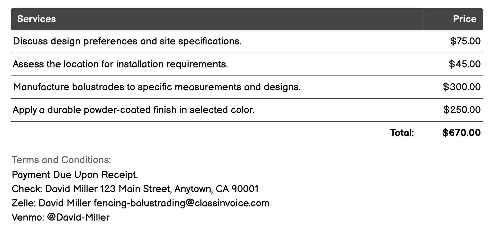 Powder-Coated Aluminum Balustrading Invoice Example