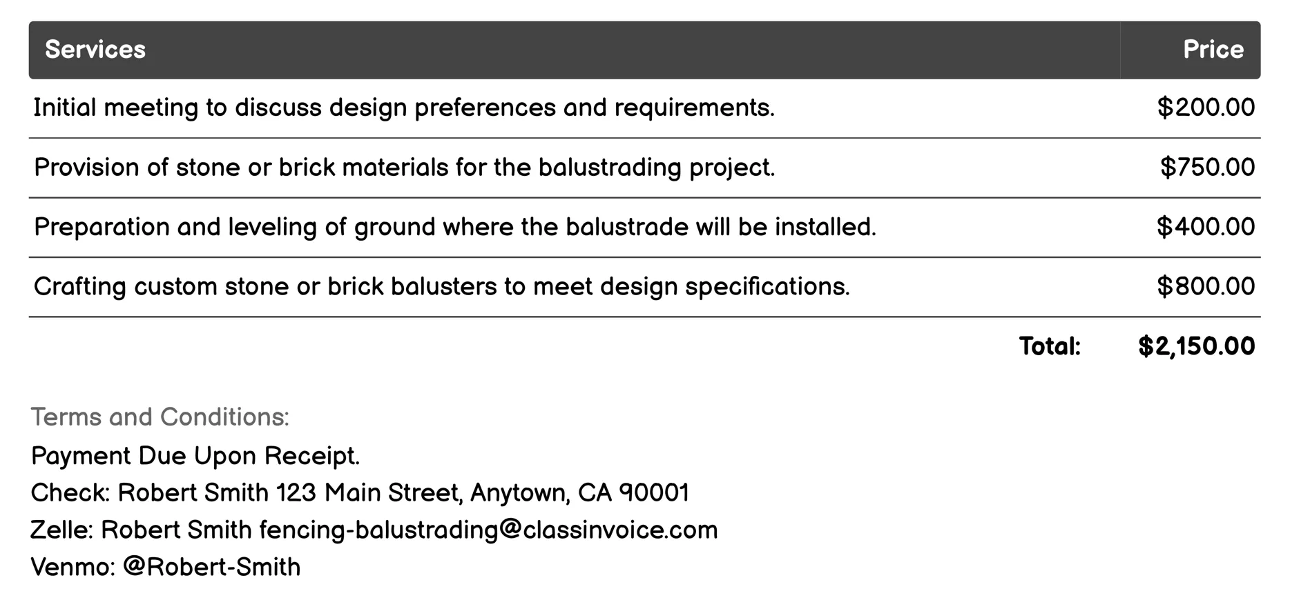 Stone and Brick Balustrading Invoice Example