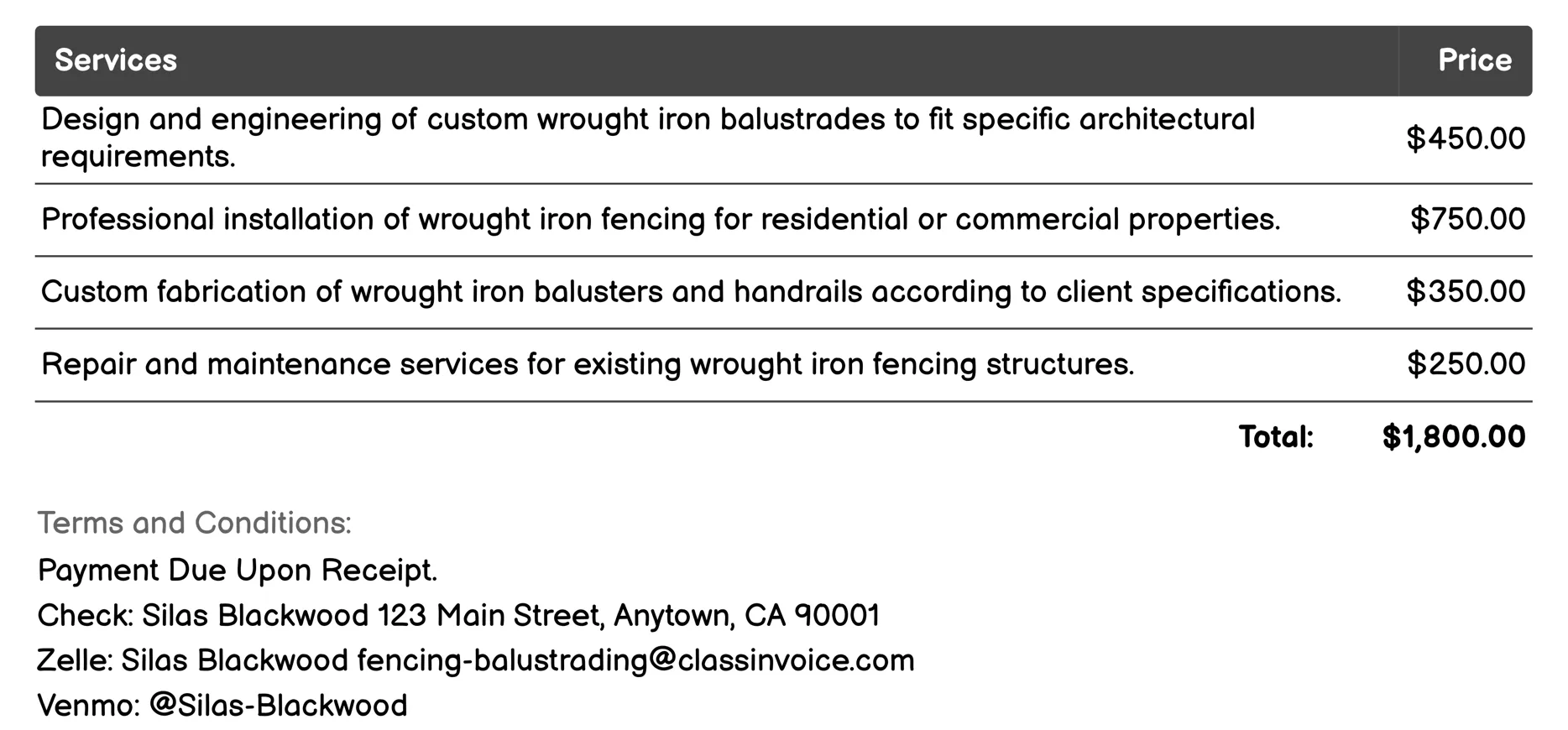 Wrought Iron Fencing Invoice Example
