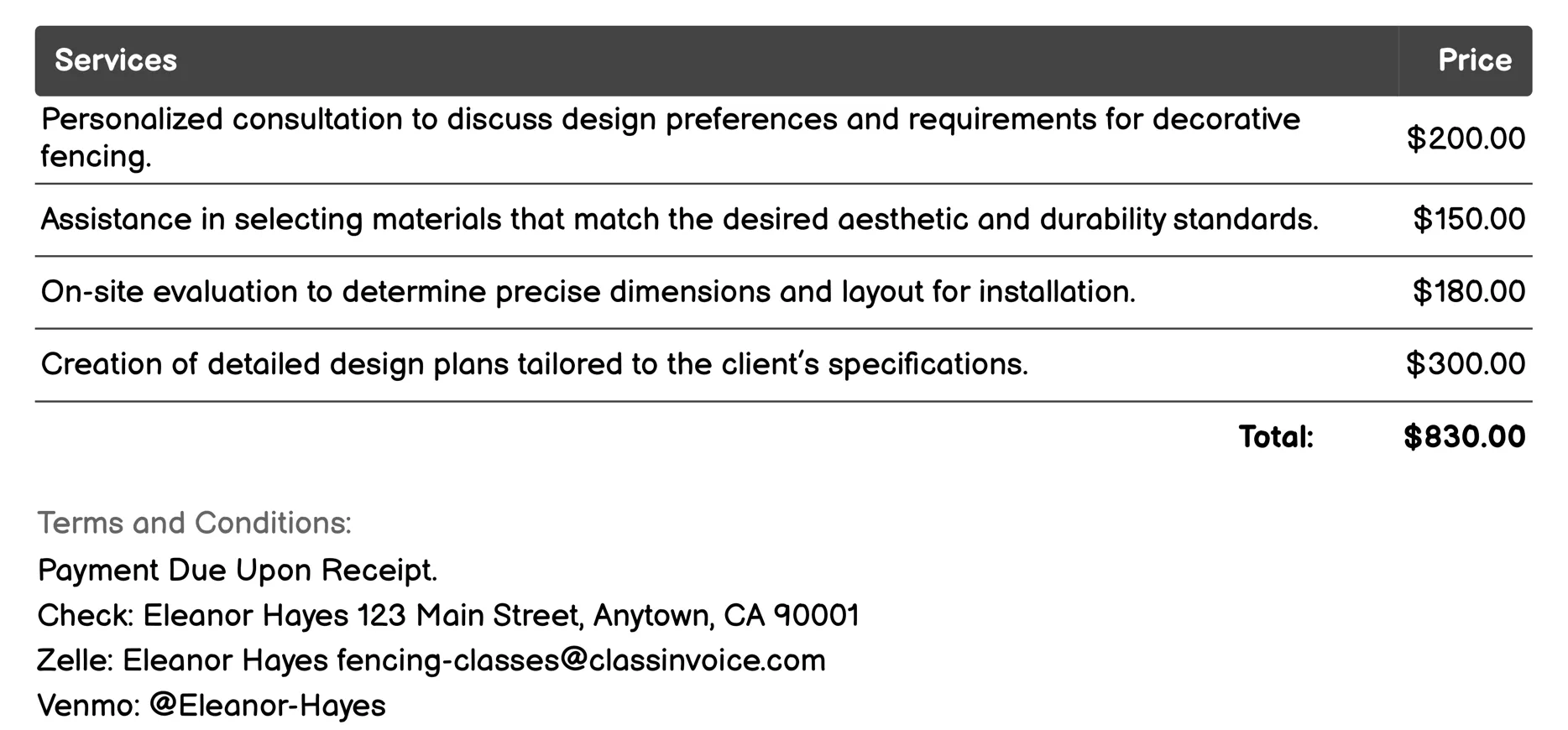 Decorative Fencing Invoice Example