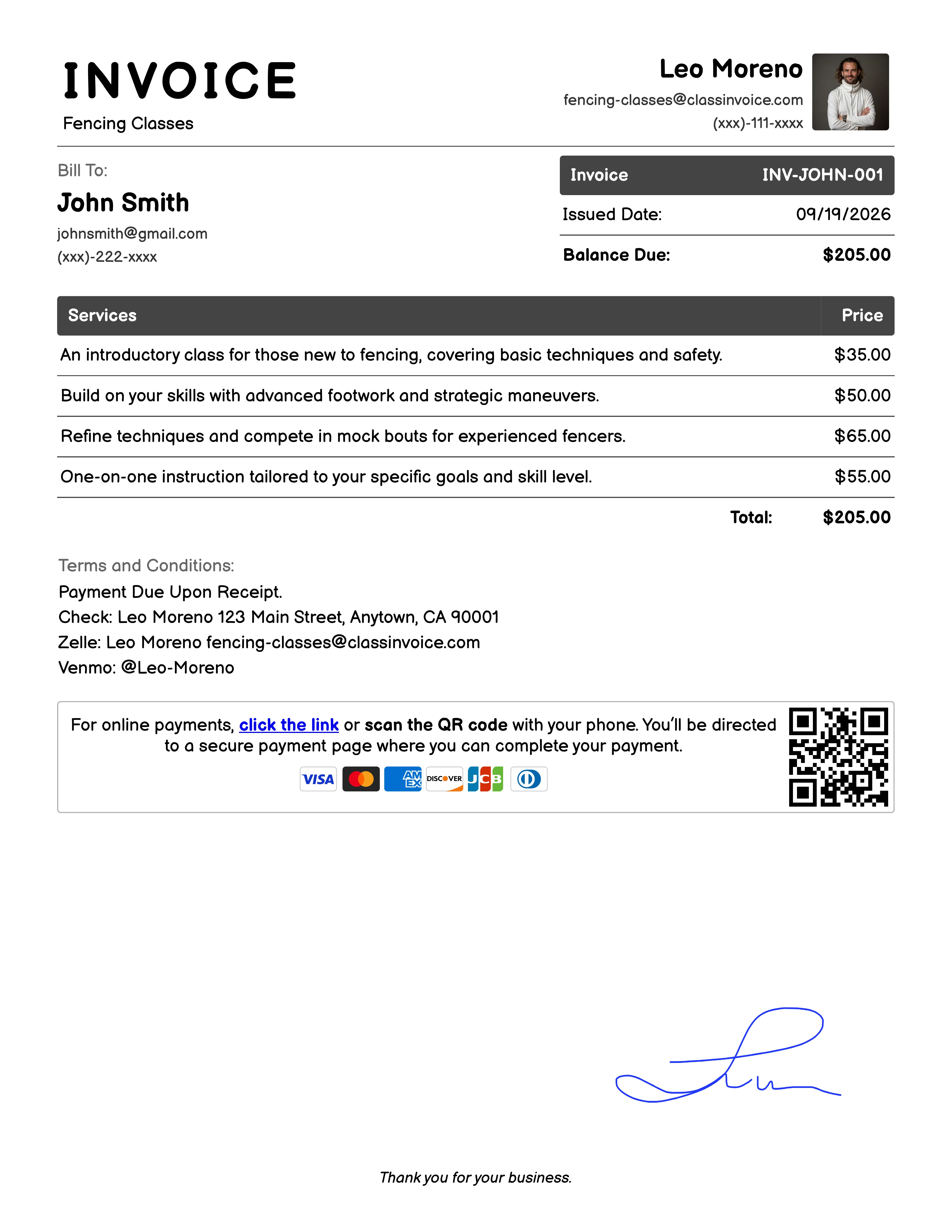 Fencing Classes Invoice Example
