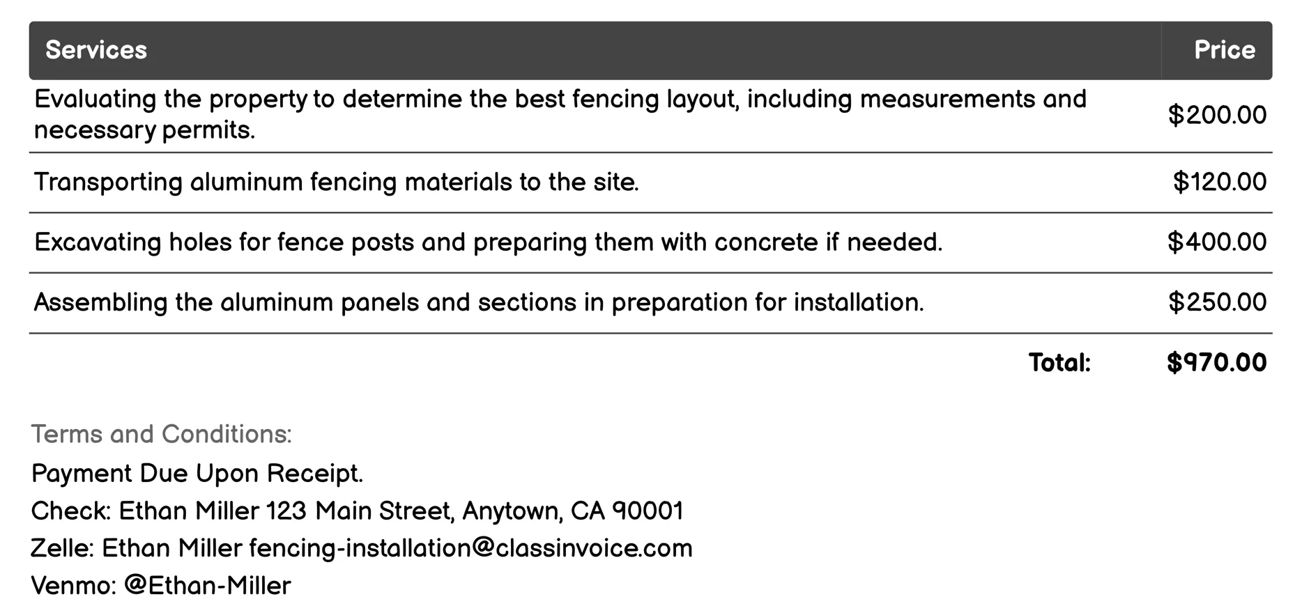 Aluminum Fencing Invoice Example