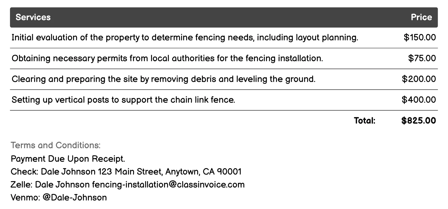 Chain Link Fencing Invoice Example