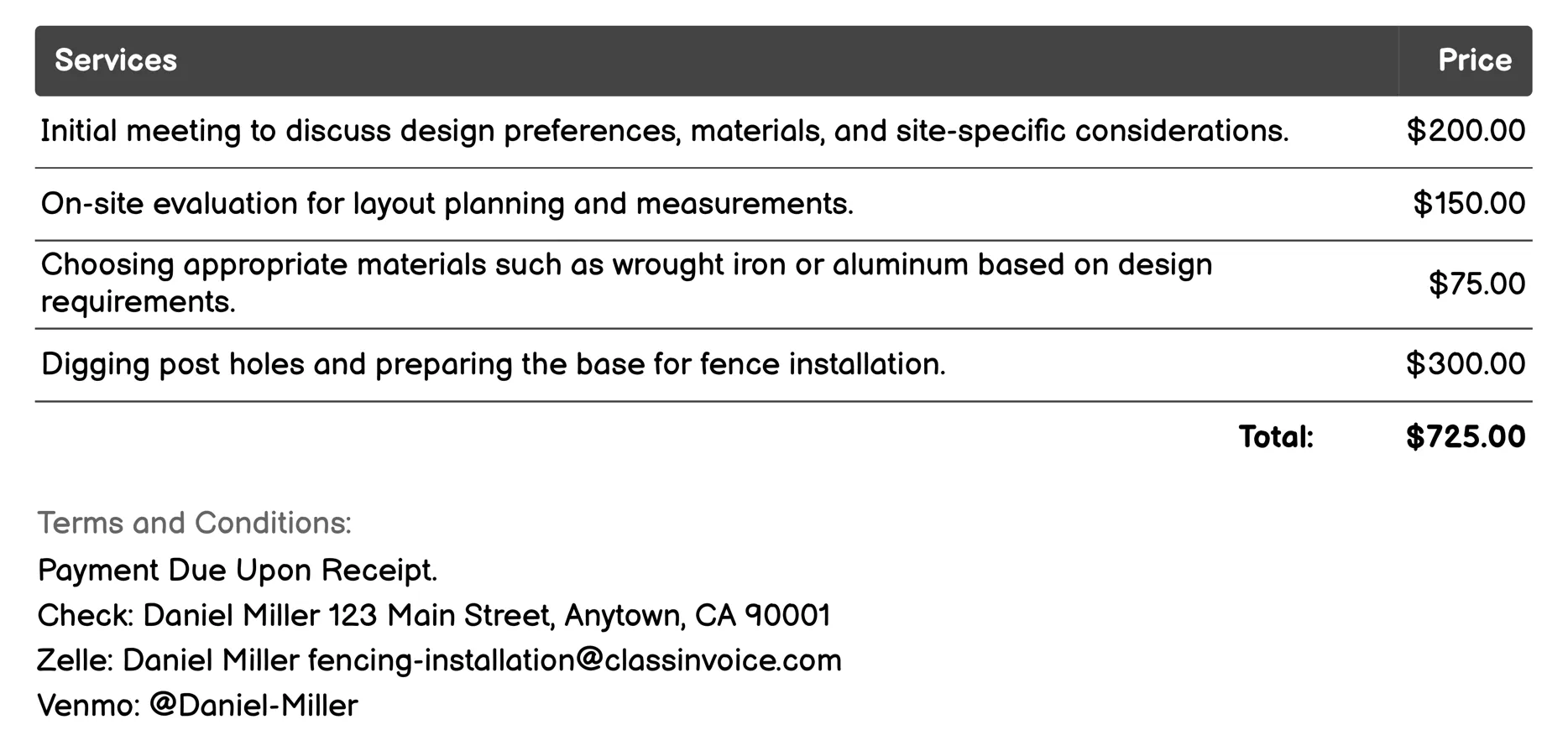 Decorative Ornamental Fencing Invoice Example