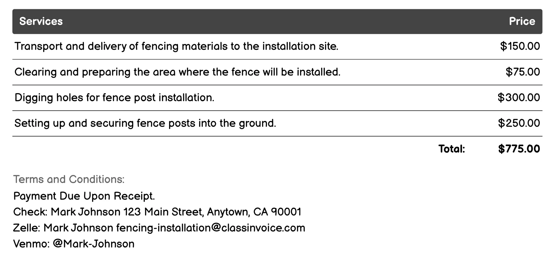 Privacy Fencing Invoice Example