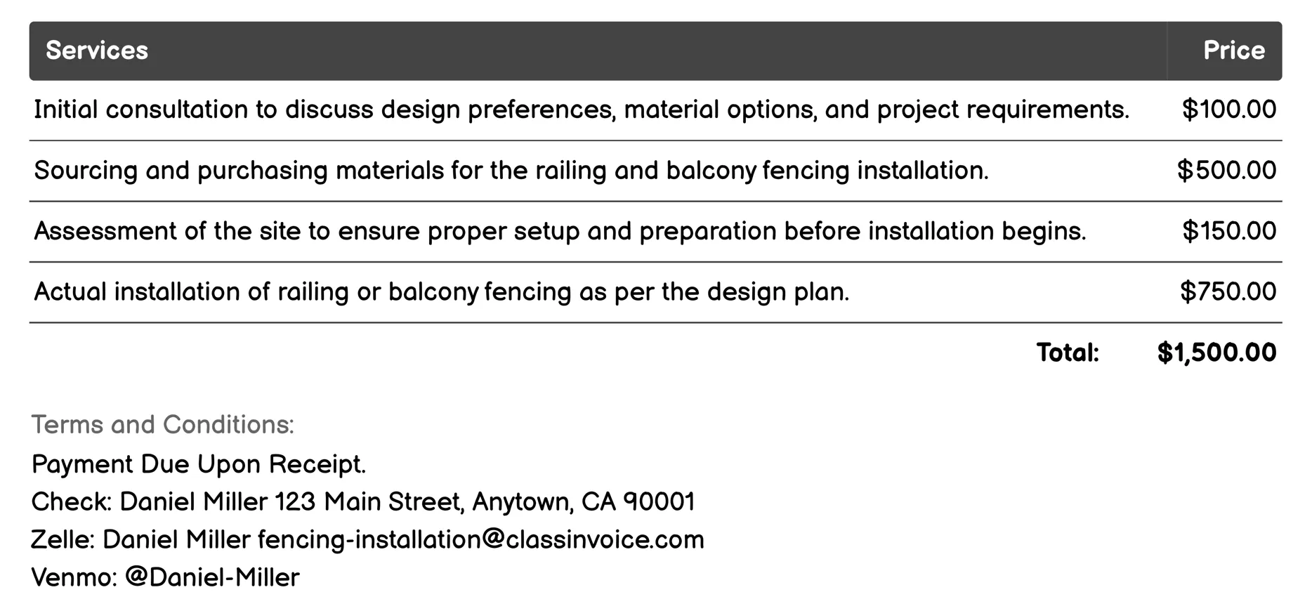 Railing and Balcony Fencing Invoice Example