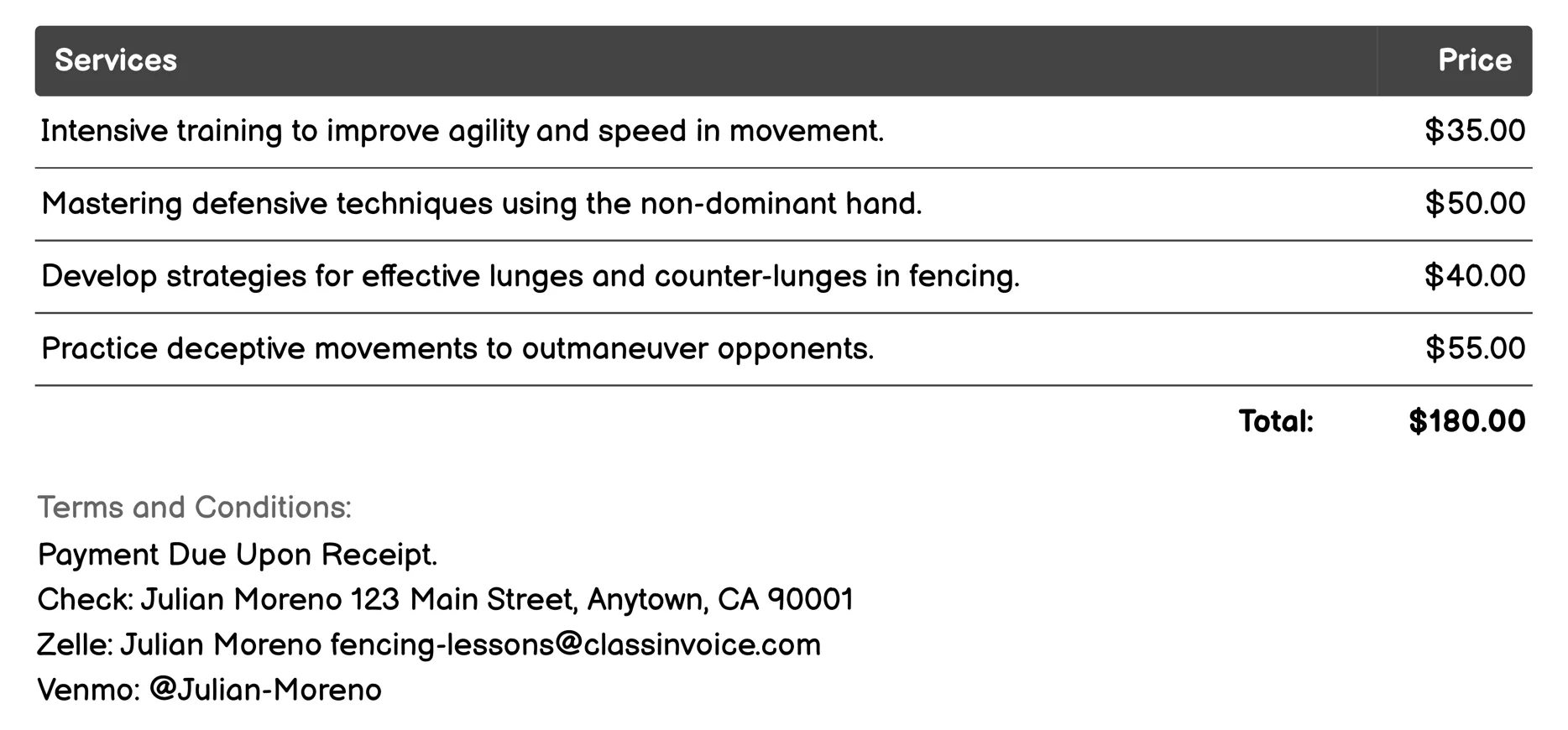 Advanced Fencing Techniques Invoice Example