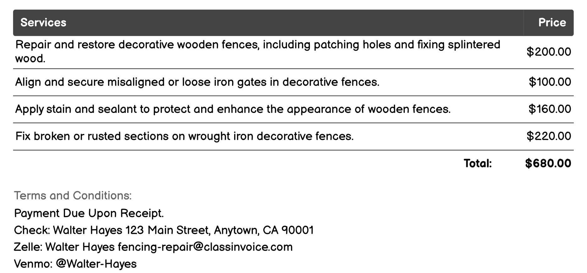 Decorative Fence Repair Invoice Example