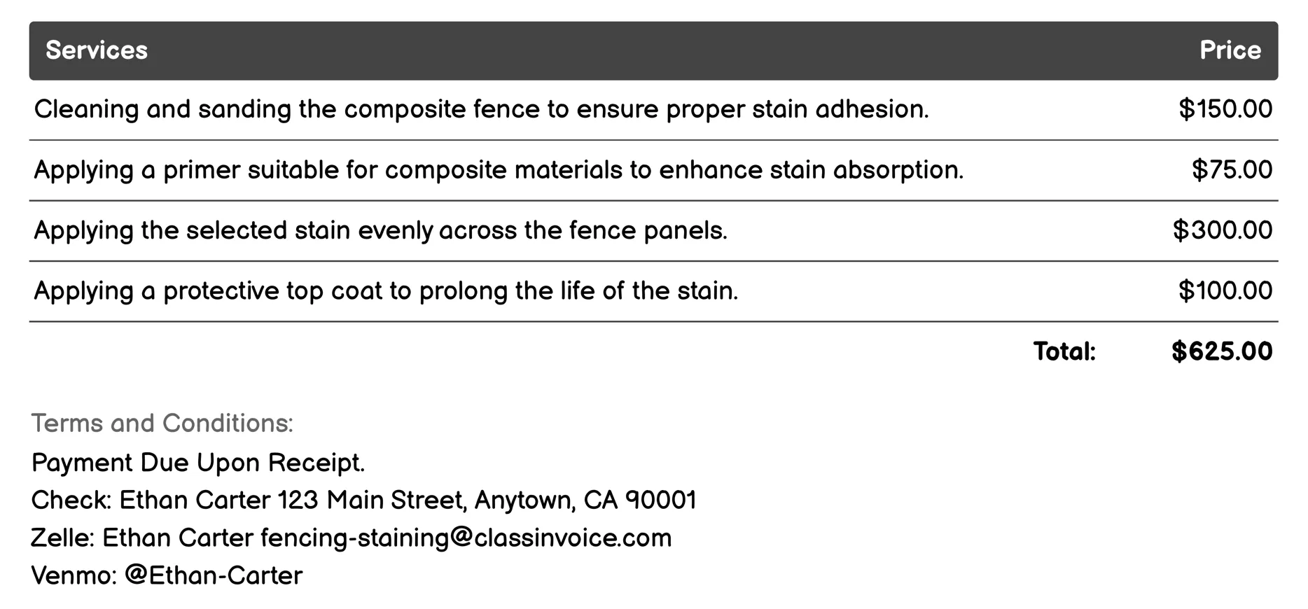 Composite Fence Staining Invoice Example