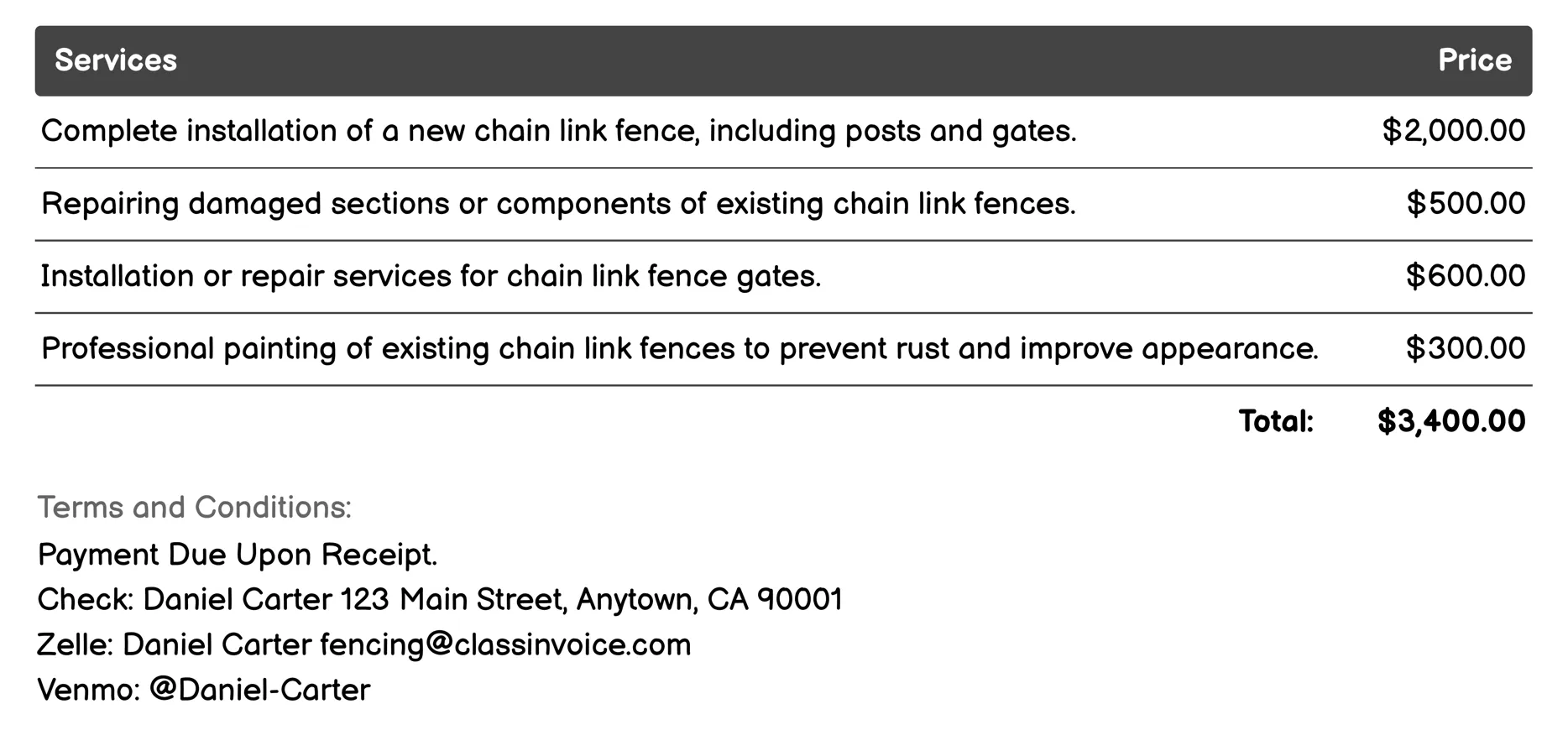 Chain Link Fencing Invoice Example