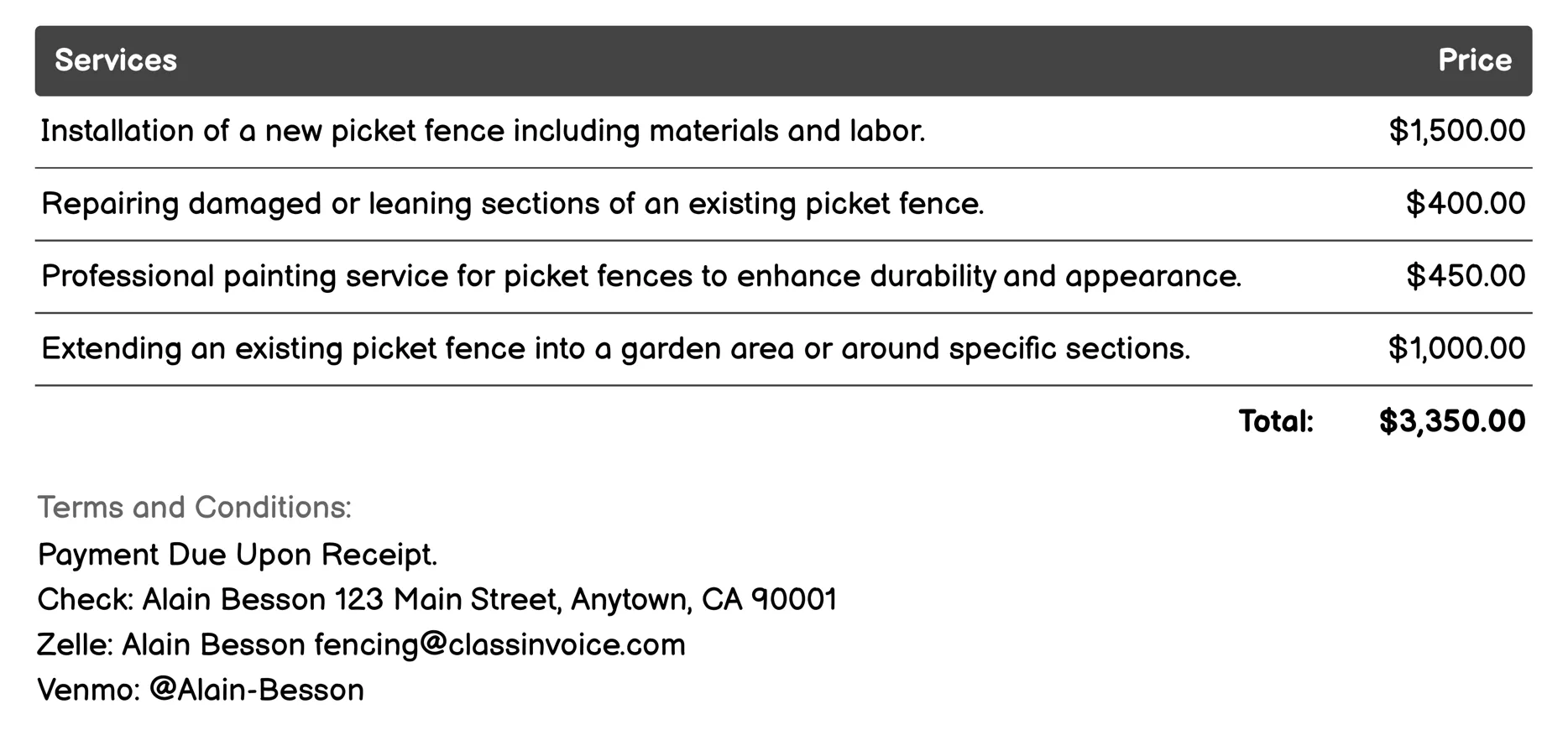 Picket Fencing Invoice Example