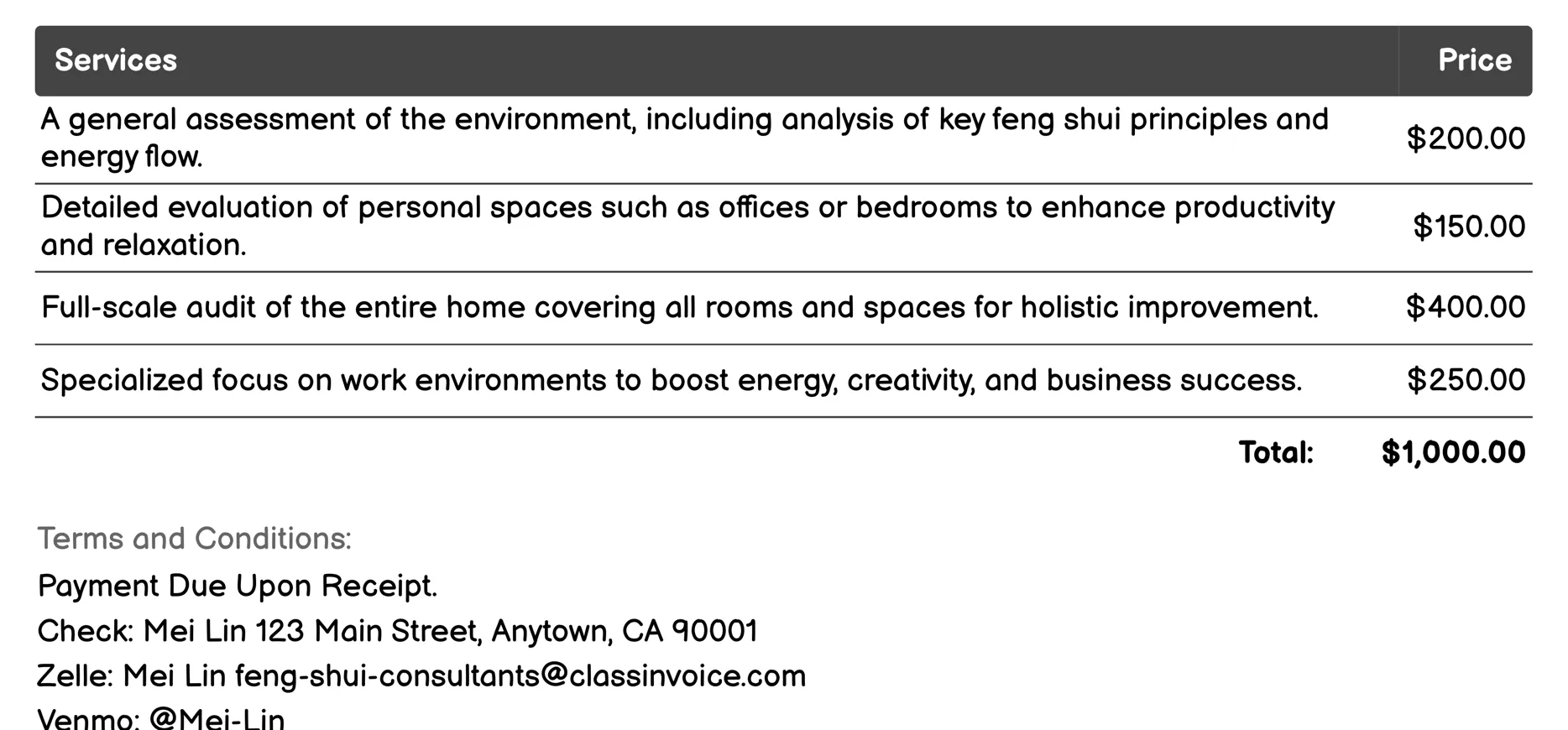 Custom Feng Shui Reports Invoice Example