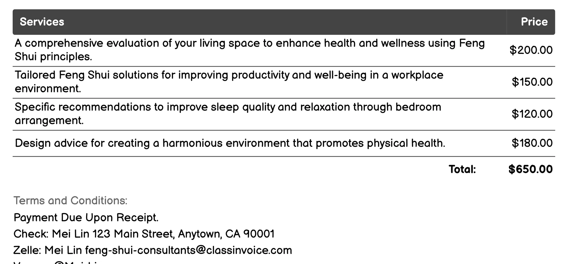 Health and Wellness Feng Shui Invoice Example