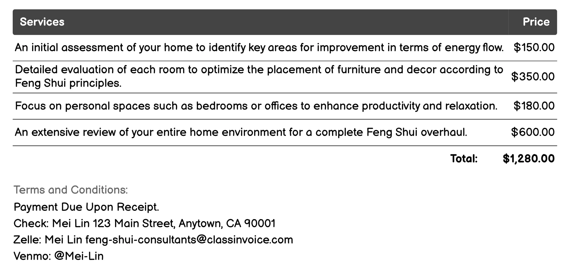 Home Feng Shui Consultation Invoice Example
