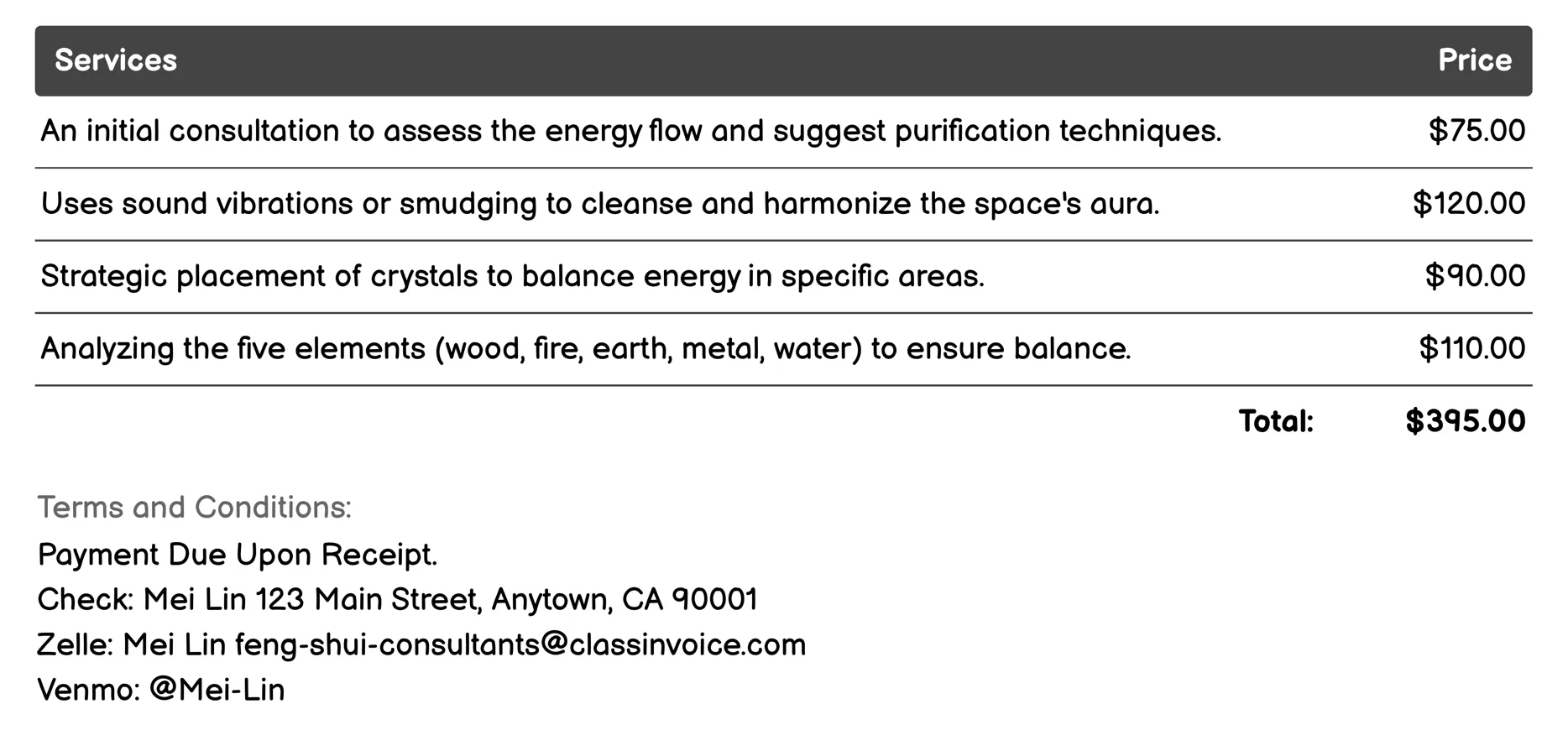 Space Clearing and Purification Invoice Example