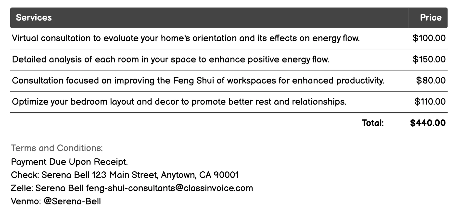 Virtual Feng Shui Consultation Invoice Example