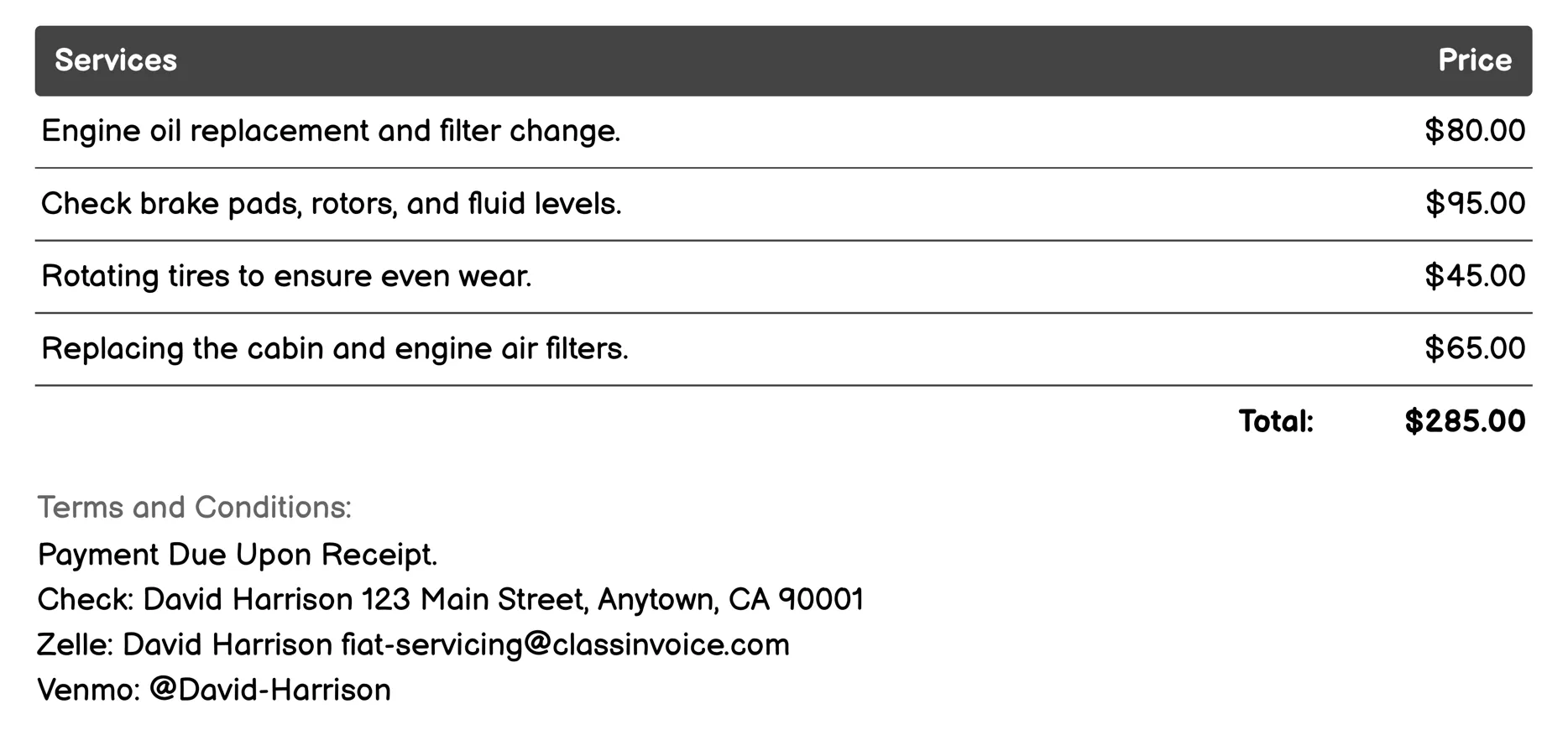 Warranty Service Invoice Example