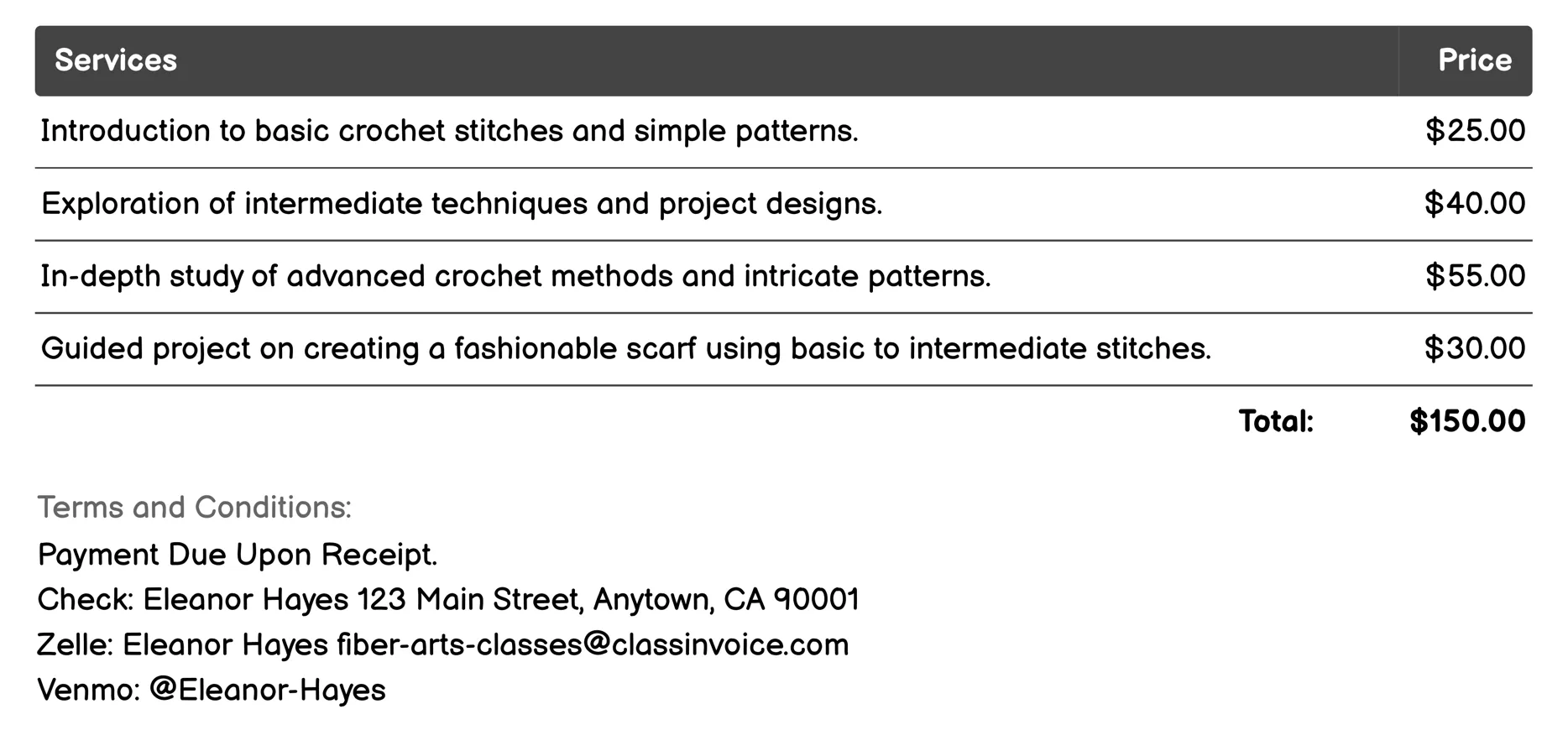 Crocheting Invoice Example