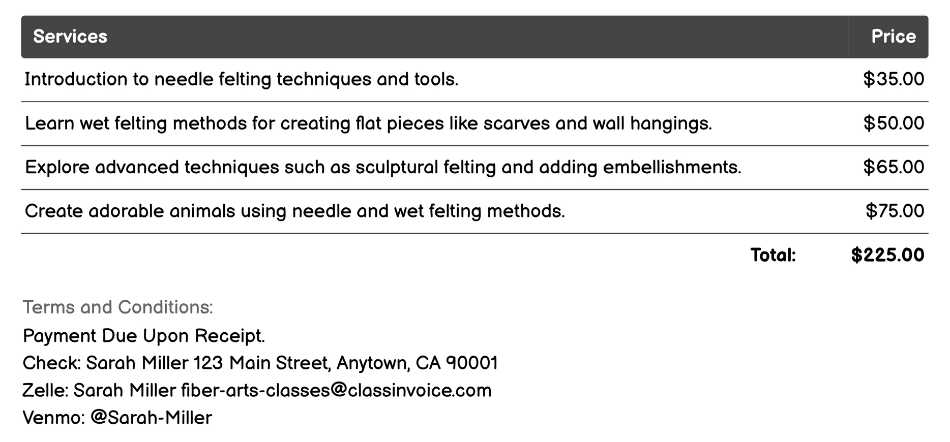 Felting Invoice Example